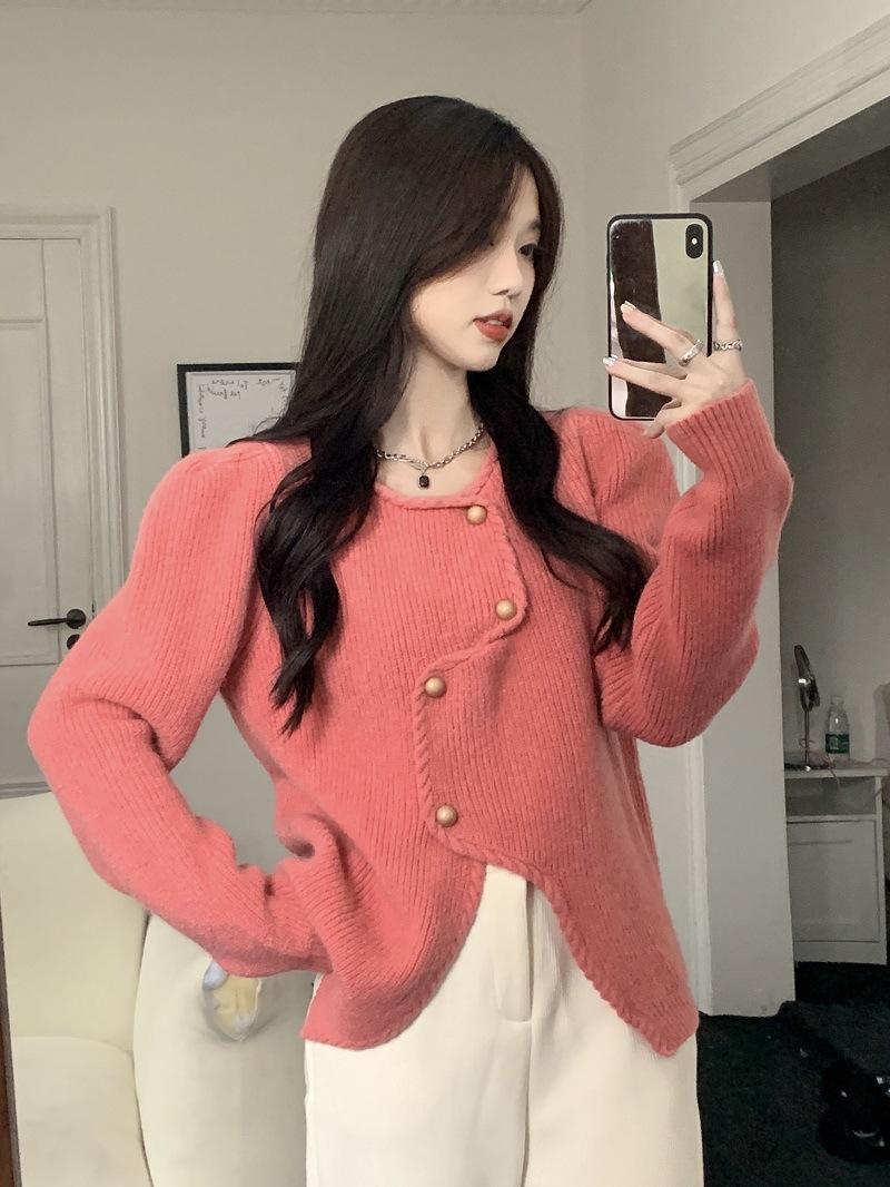 

High sense irregular small fragrant wind knitted cardigan women s autumn and winter soft waxy loose short sweater jacket tide one size fits all рожевий