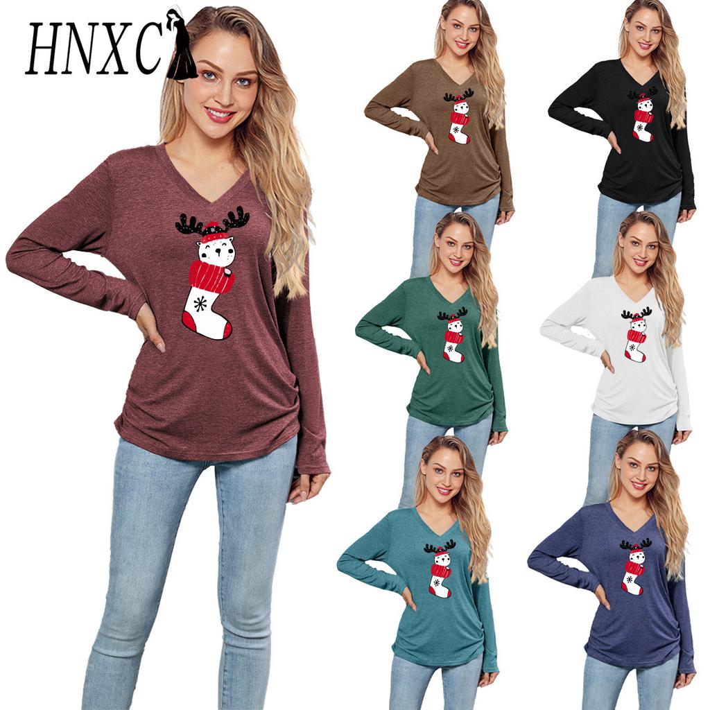 HNXC Solid-color Christmas Print Top for Women Is Loose and Casual