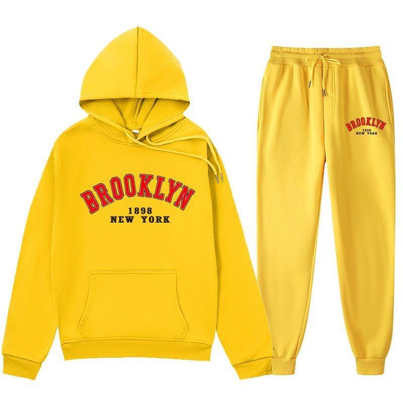 LOS Los Angeles Letter Printed Same Color And Pants Set For Men's Autumn/Winter With Velvet Hoodie