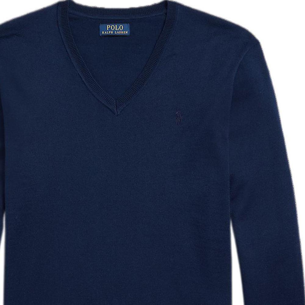 Polo Ralph Lauren Ss23 Jednobarevný V-neck svetr s vyšívaným logem Pánský svetr Tmavě modrý MNPOSWE16821108-410