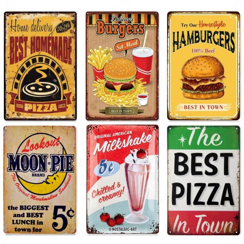 Metal Tin Poster Fast Food Vintage Tin Sign Plaque Metal Retro Plate Hot Dog Poster Wall Decor for Kitchen Cafe Diner Bar