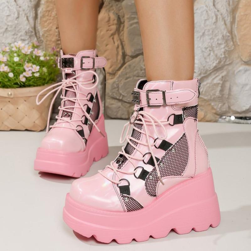 Fashion Platform Heels Autumn New Round Toe Deep Mouth Metal Buckle Front Lace-Up Anti-slip Wear-resistant Short-thigh Boots