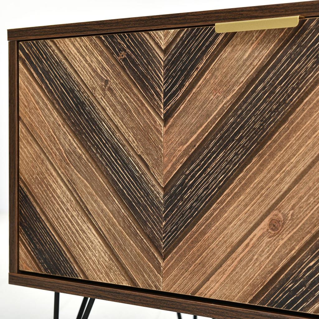 TV-Schrank, Lowboard mit 2 Türen aus Massivholzfurnier, goldene Griffe, Eisenfüße, 2 Fächer, Stauraum für TV & Zubehör, elegante Holzmaserung