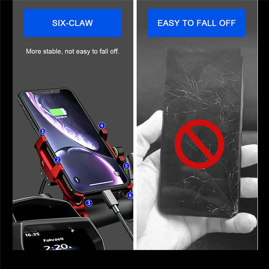 Aluminium Phone Holder QC3.0 Fast USB Charger For Motorcycle Scooter Moped ATV