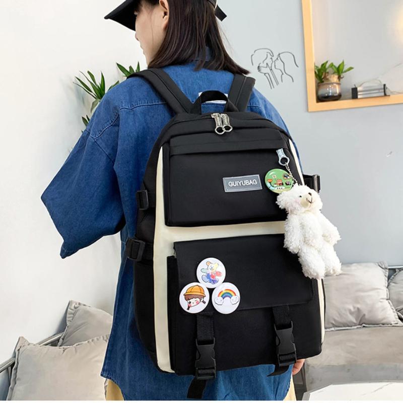 5pcs Primary School Five Piece Backpack Set High School Student Large Capacity Multifunctional Backpack Waterproof  Wear-resistant Canvas Leisure Bag