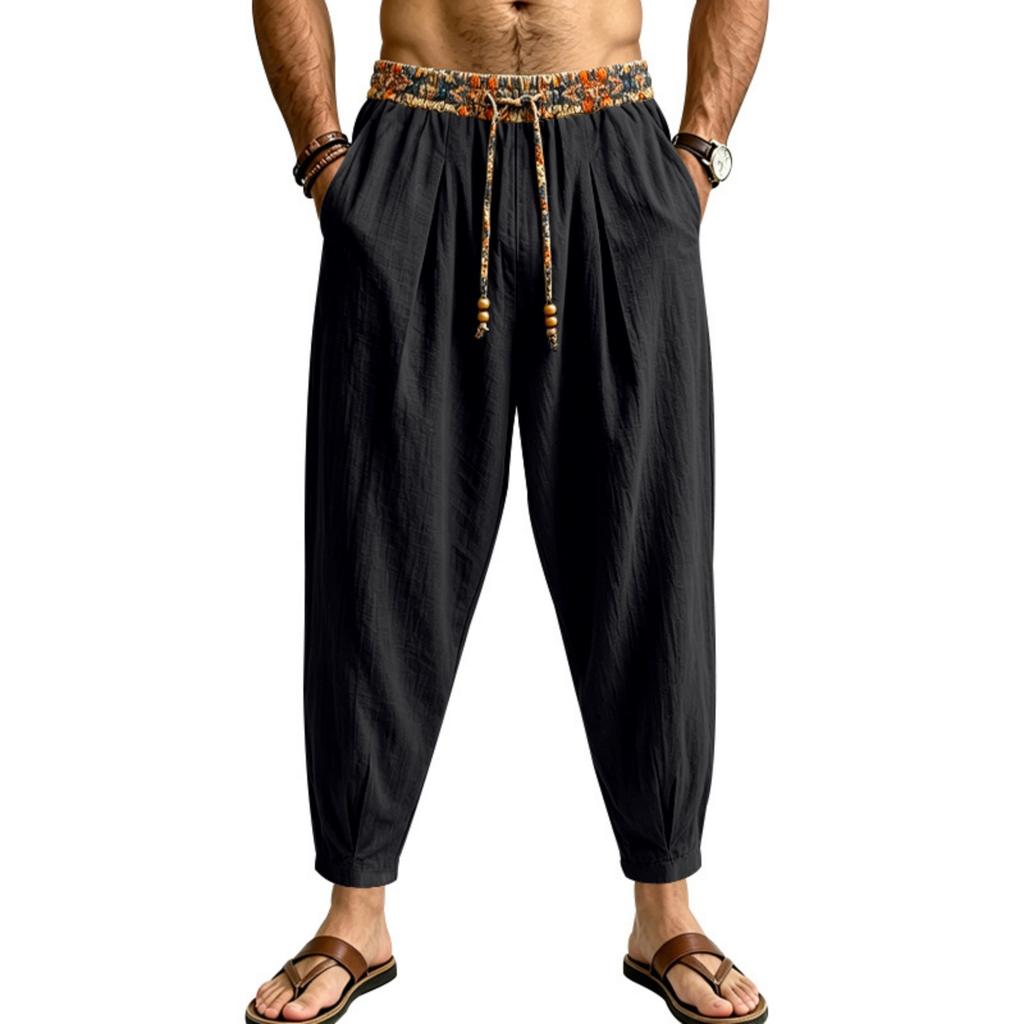 Men's Linen Loose Fit Color Wide Leg Pants with Tapered Hem for Business Casual