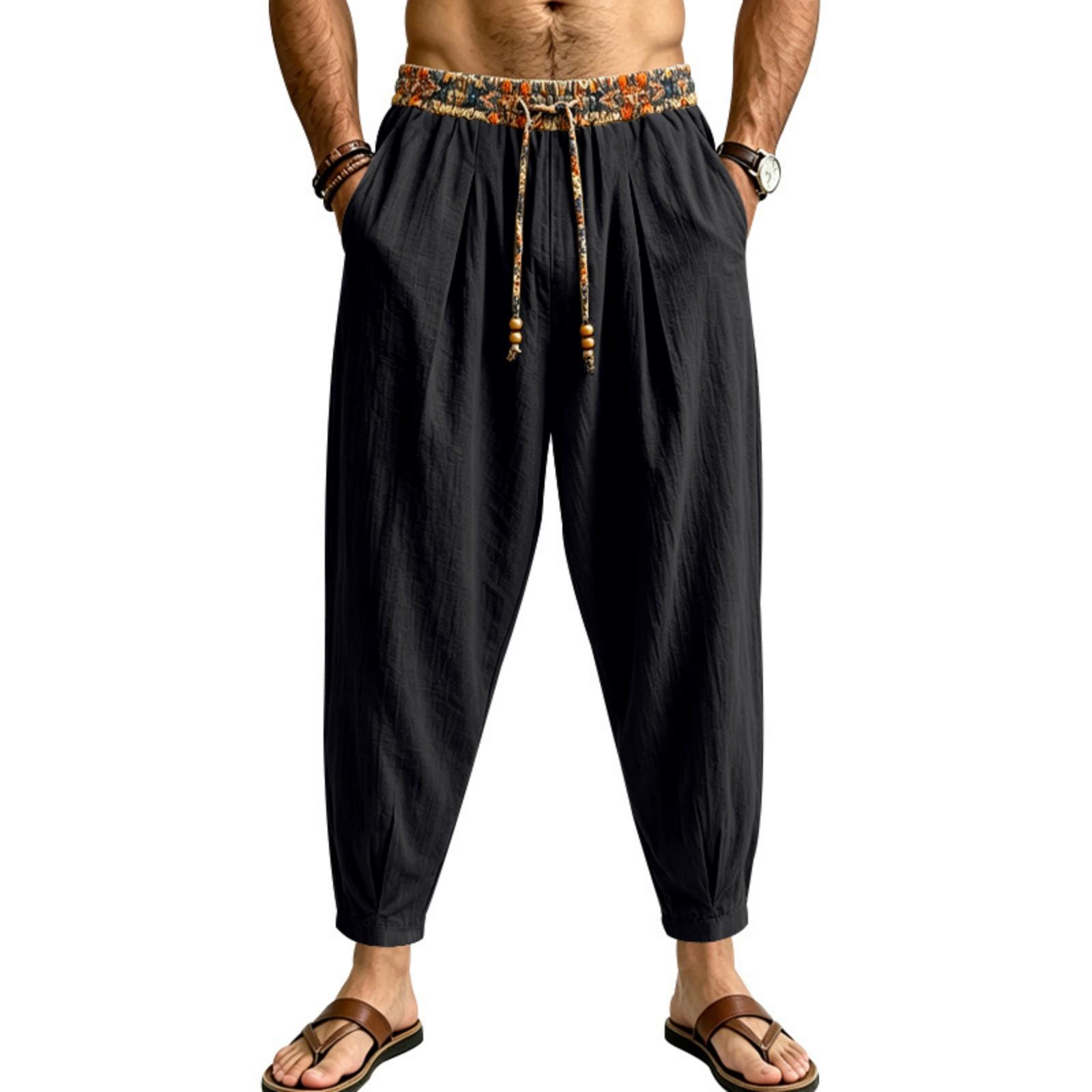 Men s Linen Loose Fit Color Wide Leg Pants with Tapered Hem for Business Casual L чёрный