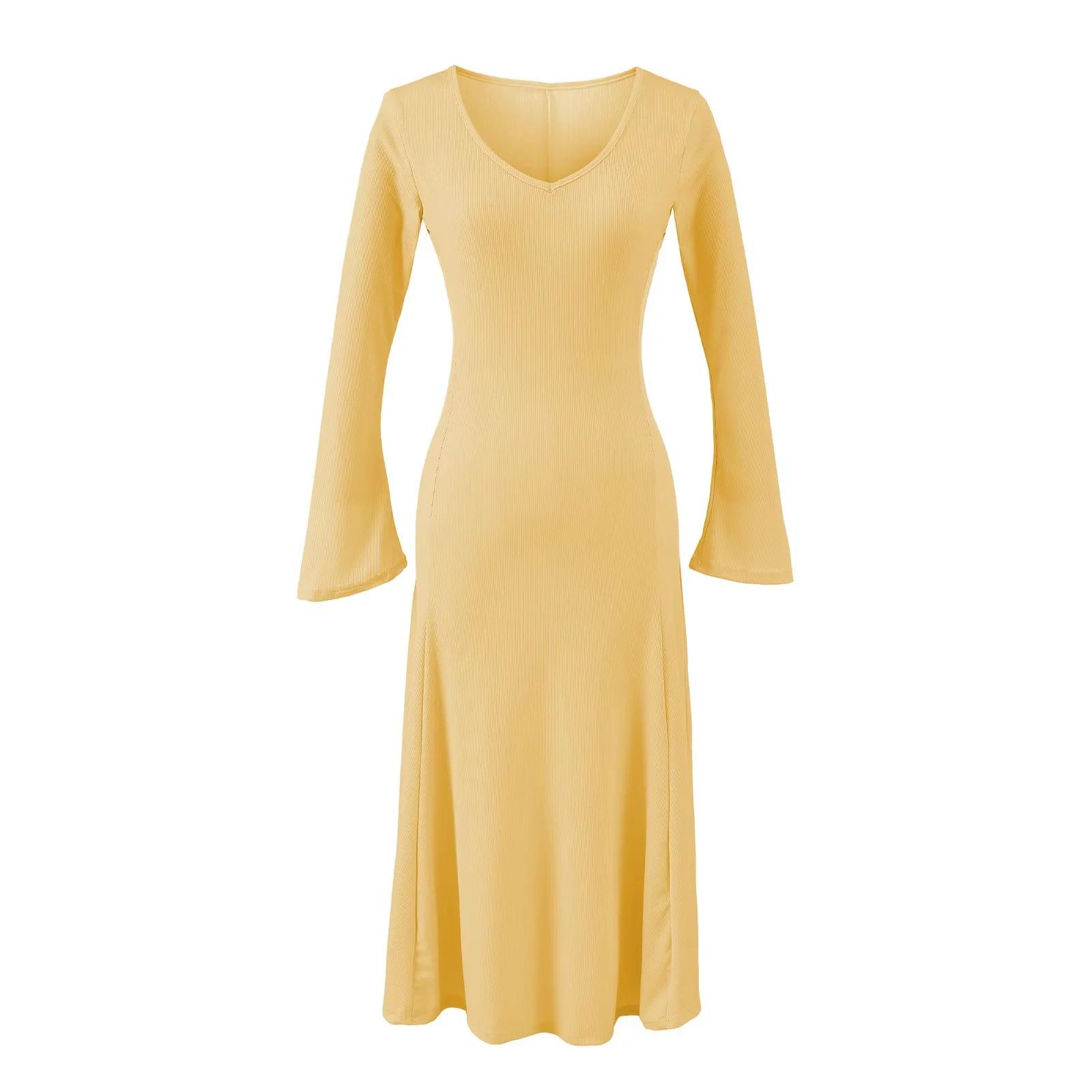 Women s French Retro V-neck Bell Sleeve Knit Dress, Autumn/Winter Slim Fit Small жёлтый