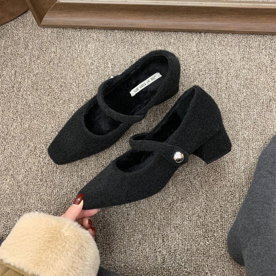 

2025 square head woolen gray thick heel single shoes women s winter French temperament velvet evening high heel Mary Jane shoes 39 чёрный