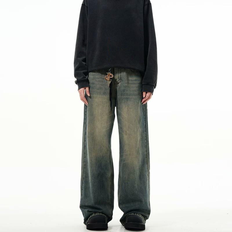 Autumn American Trend: Men's Loose Retro Yellow Mud-Dyed Straight Jeans, Washed & Distressed Wide-Leg Style