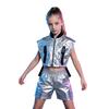 Kids Hip Hop Jazz Dance Costume Sleeveless Side Zip Metallic Vest with Detachable Side Button Shorts for Stage Show