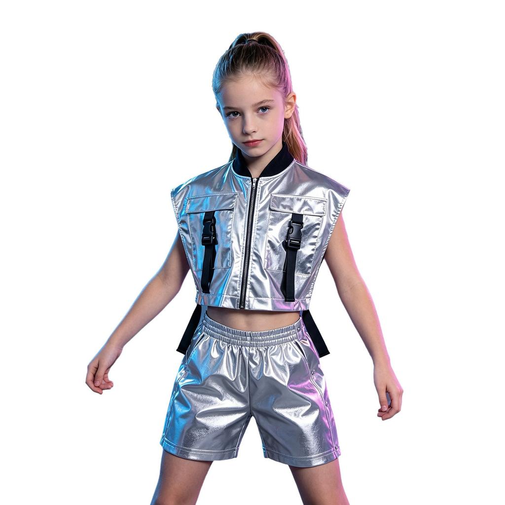 Kids Hip Hop Jazz Dance Costume Sleeveless Side Zip Metallic Vest with Detachable Side Button Shorts for Stage Show