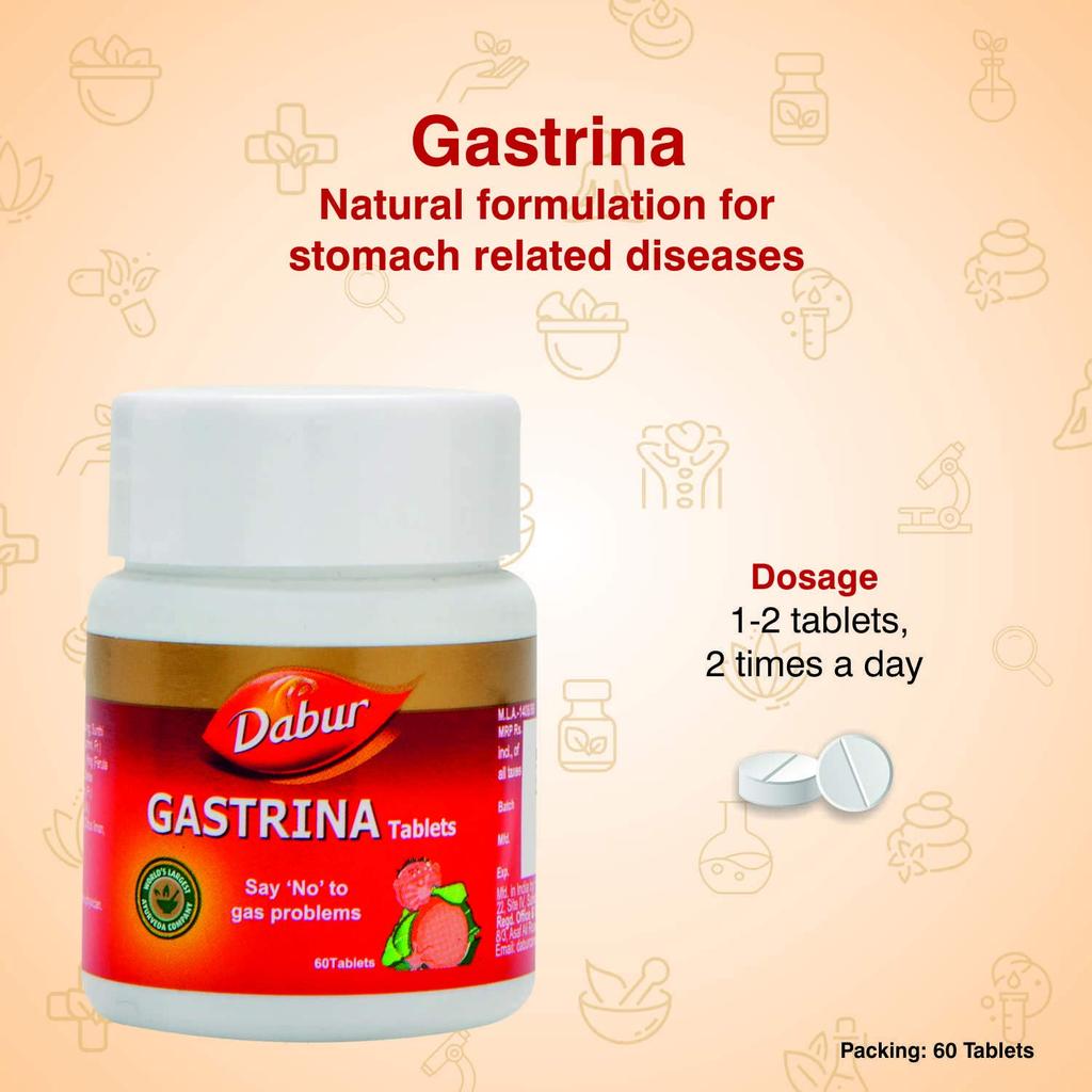 Dabur Gastrina Tablet 60pcs Relieves Abdominal Gas Bloating & Stomach Pain Naturally