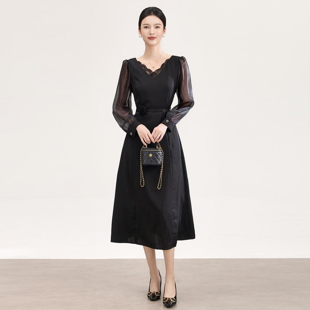 Nanyou Women's Spring V-Neck Lace Patchwork Crystal Waist-Cinched Dress