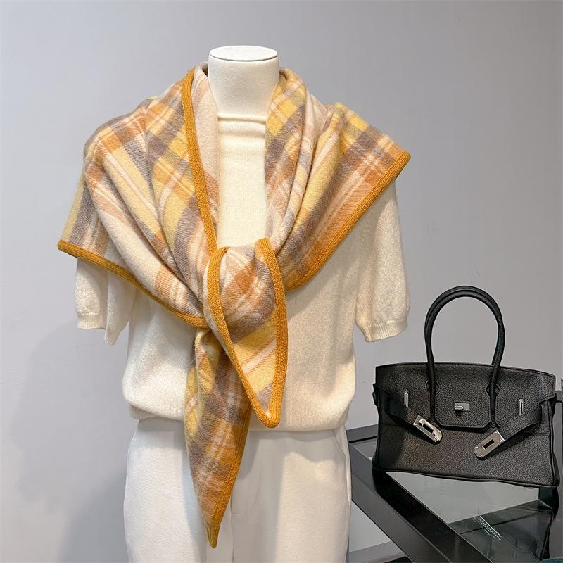 Autumn and winter double-sided plaid 100 wool scarf women's style sub-triangle scarf scarf thickened warm shawl