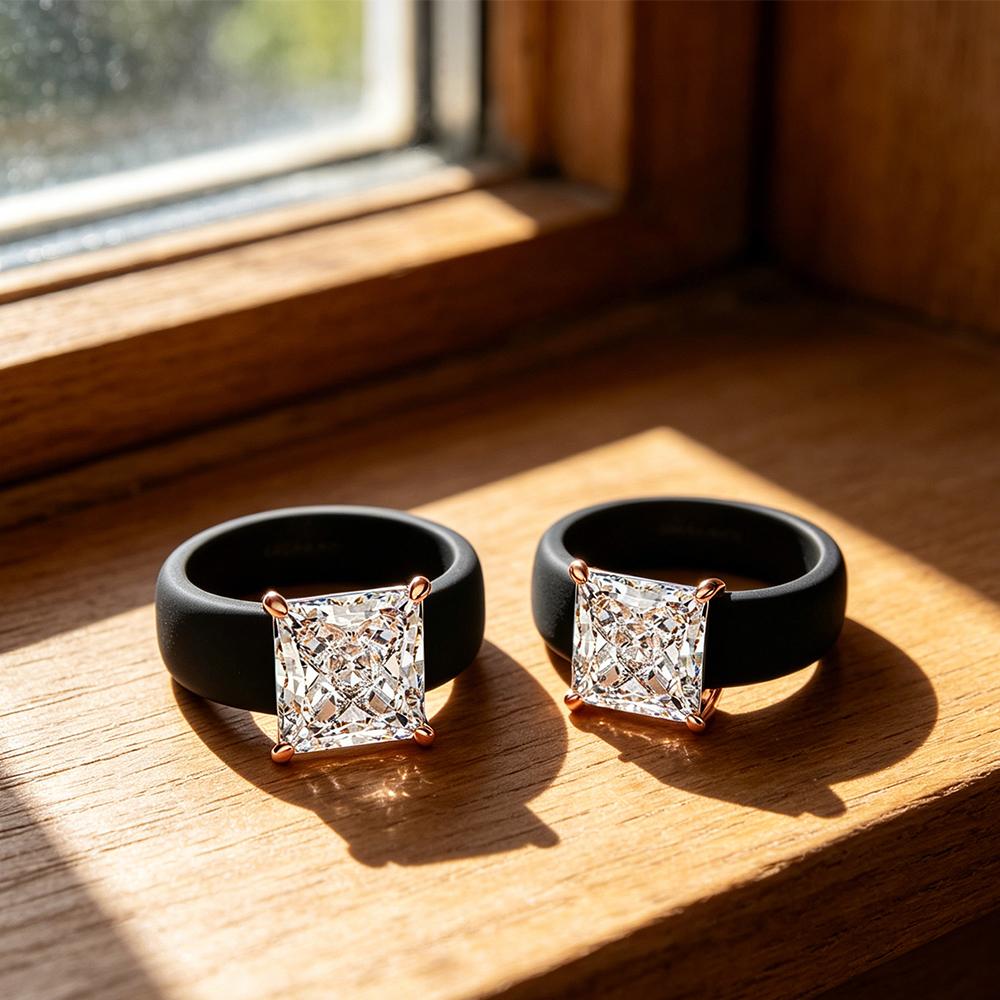 Princess Cut CZ Diamond Black Silicone Ring Set, 18K Rose Gold Plated Prong, Non-Toxic Wide Rubber Stackable Ring, Minimalist Ae