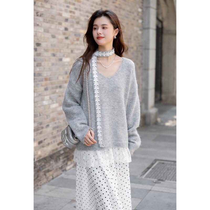 Mokana Autumn/Winter Tie-Neck Lace Panel Knit Sweater