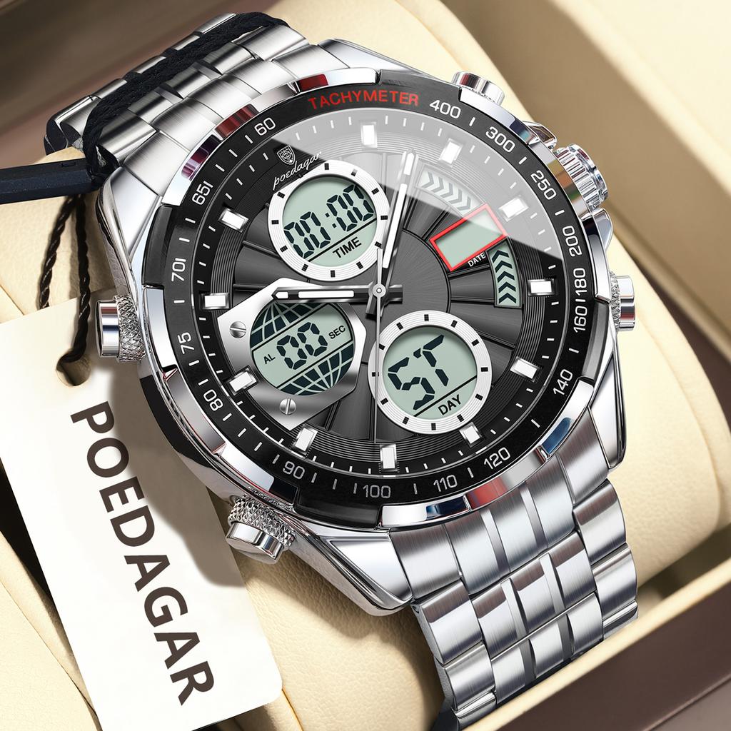 POEDAGAR Clock Waterproof Electronic LED Luxury Watches Dual Time Display Digital Stainless Steel Quartz Watch