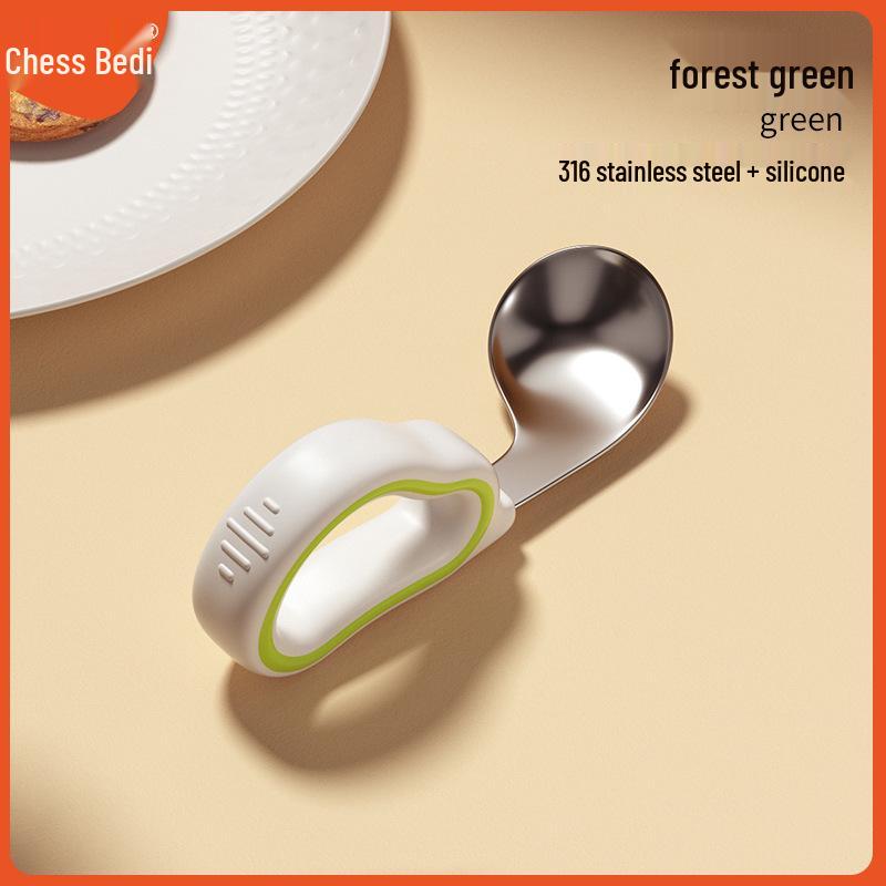 

Two-Color Silicone Spoon Fork Set for Children – 316 Stainless Steel Bent Head Baby Training Utensils.