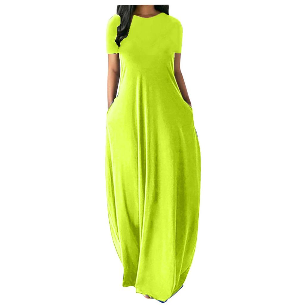 Plus Size Women’s Solid Color Round Neck Pocket Maxi Dress – Short Sleeve, Loose Fit