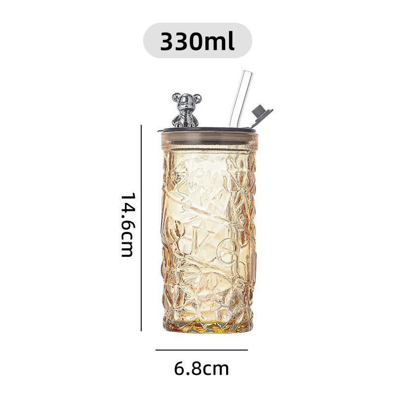 Glass Water Cup Women'S Coffee Cup With Lid And Straw Portable Home Tea Cup Office European-Style Vintage Milk Cup