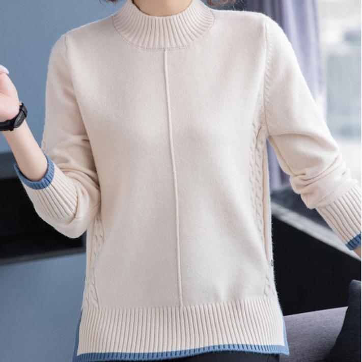 Fall/Winter Women's Semi-Turtleneck Sweater Thickened Loose Pullover Knitwear Split Stretch Knit Jumper