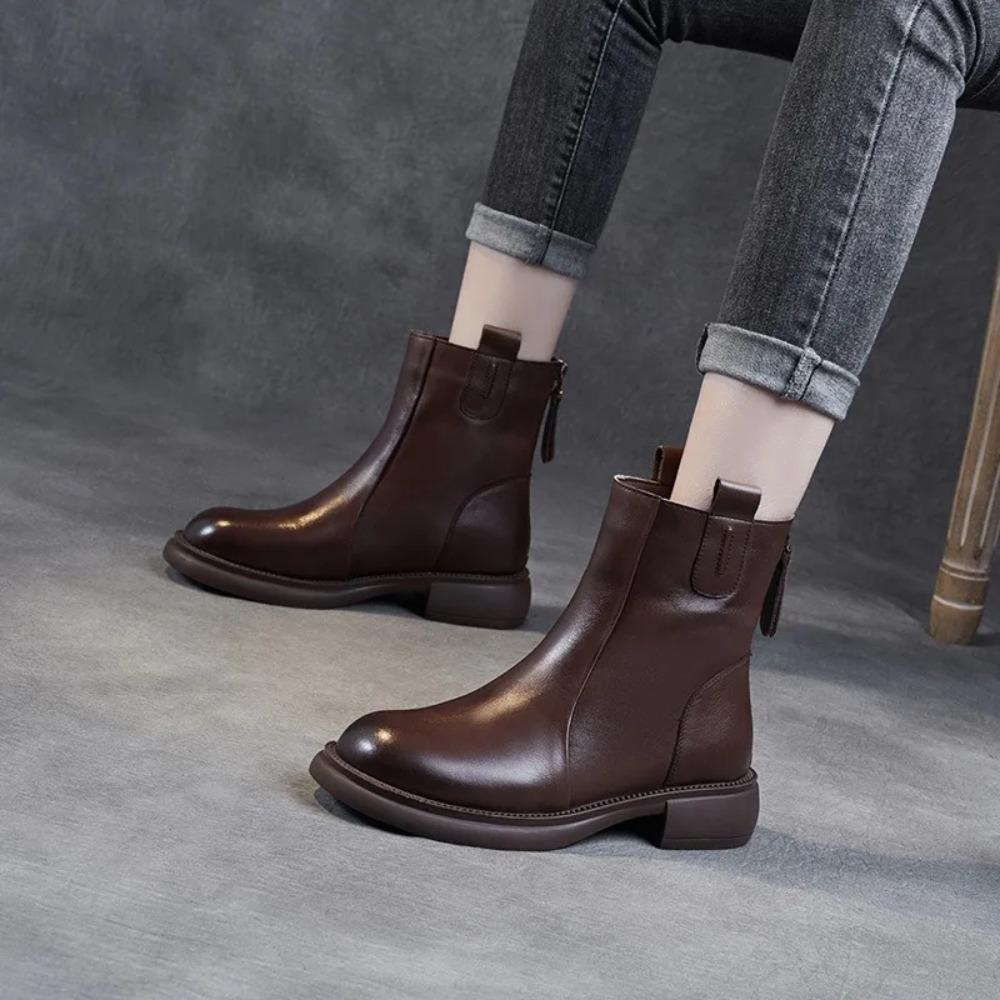 Fashion Autumn and Winter Genuine Leather Chelsea Boots for Women's 2025 New British Short Boots Women Brown Mid pipe Smoke Pipe Boots