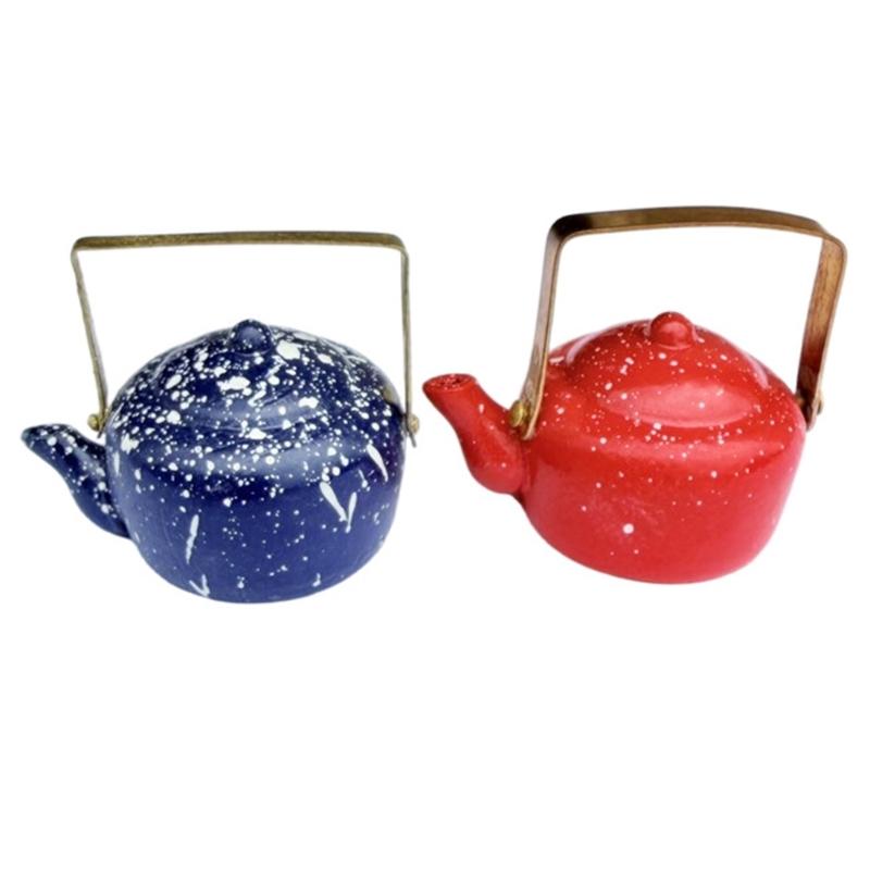 Pretend Play Kitchen Kettle Toy Miniature Enameled Model For Dollhouses Scene Easy Carry Handle Design