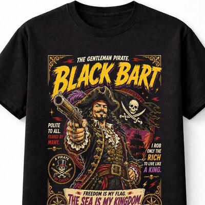 Černý Bart Kapitán Pirátů Lebka Vlajka Poklad Grafika Unisex Tričko