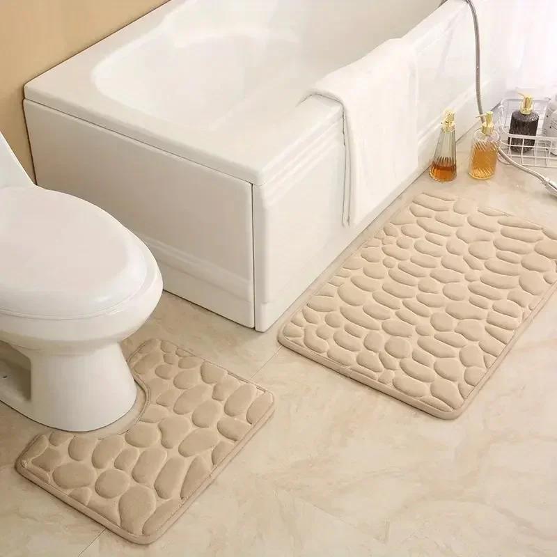 Thickened embossed pebble coral fleece floor mat, bathroom floor mat, toilet U-shaped bathroom absorbent foot mat two-piece set