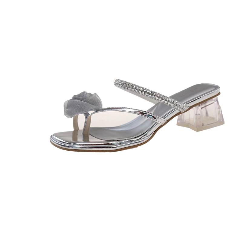 Summer New Toe Flower Rhinestone Cover Toe with Skirt Crystal Thick Heel Versatile Temperament Cool Slippers