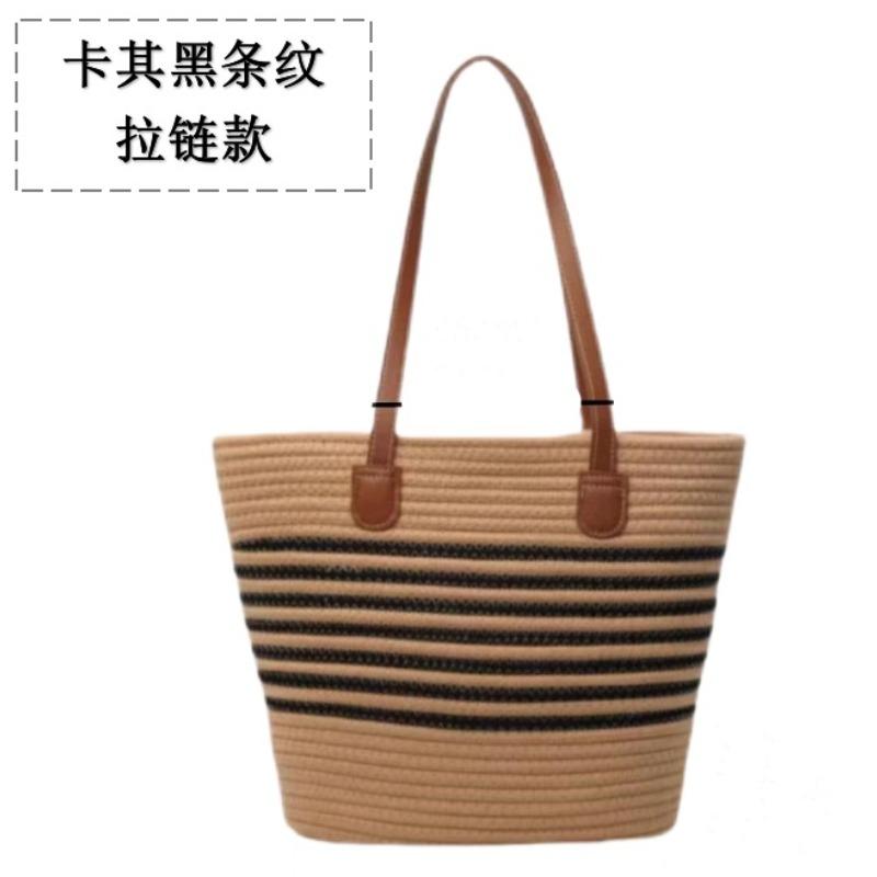 Versatile High-end Straw Bag, Seaside Vacation Striped Woven Bag, Women's Large-capacity Shoulder Beach Tote Bag