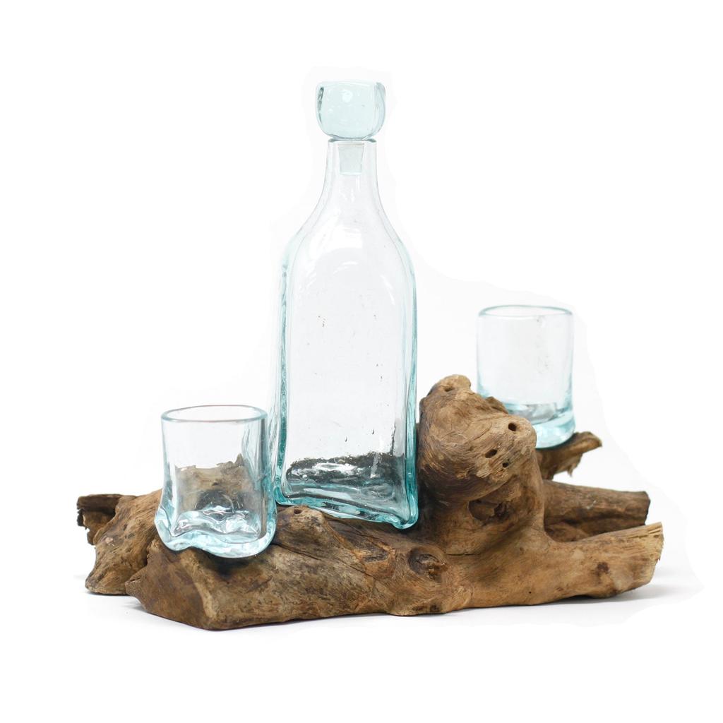 Whisky Set Molten Glass On Wood Base