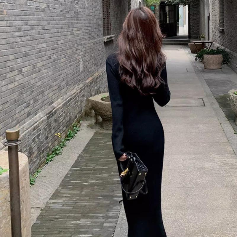 Premium Feeling with Coat Knitted Dress Women's Autumn Inner Fit Slim and Thin V-neck Sweater Base Niche Long Dress