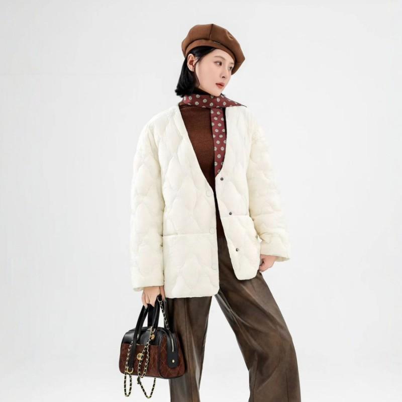 Womens Lightweight Down Coat Winter Warm Loose Fit Mid-Length V-Neck Duck Jacket Black Caramel Beige Gray Coffee
