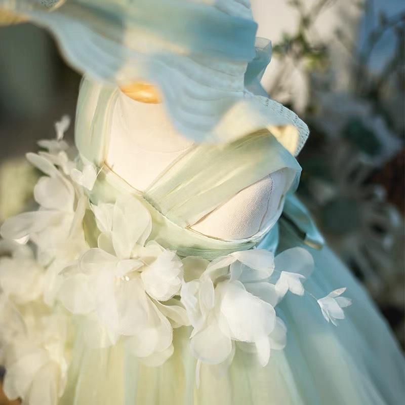 Vestito da Bambina Verde Menta in Tulle con Fiori 3D e Fiocchi Vestito da Fata per Festa per Bambini