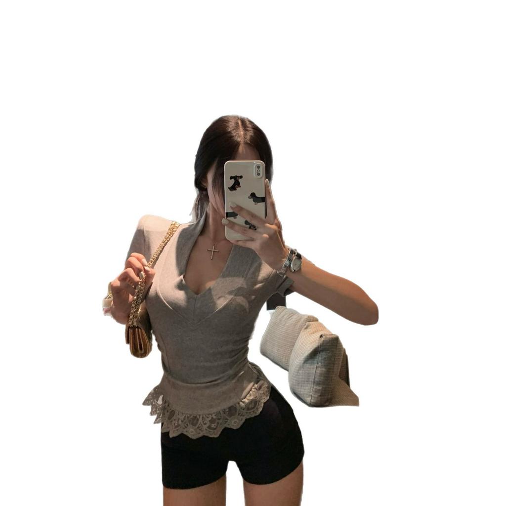 Niche design front shoulder V-neck lace splicing pleated slim fit inside summer new pure desire sweet Spice Girl style top