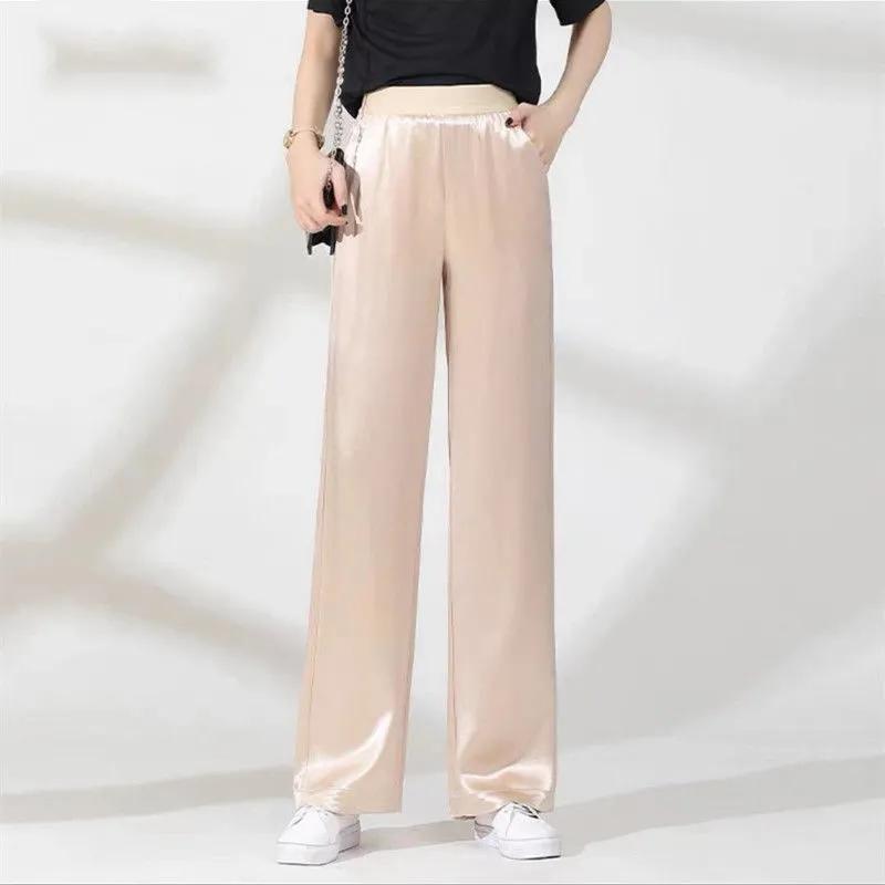 Women's High Waist Elastic Waist Satin Wide Leg Pants