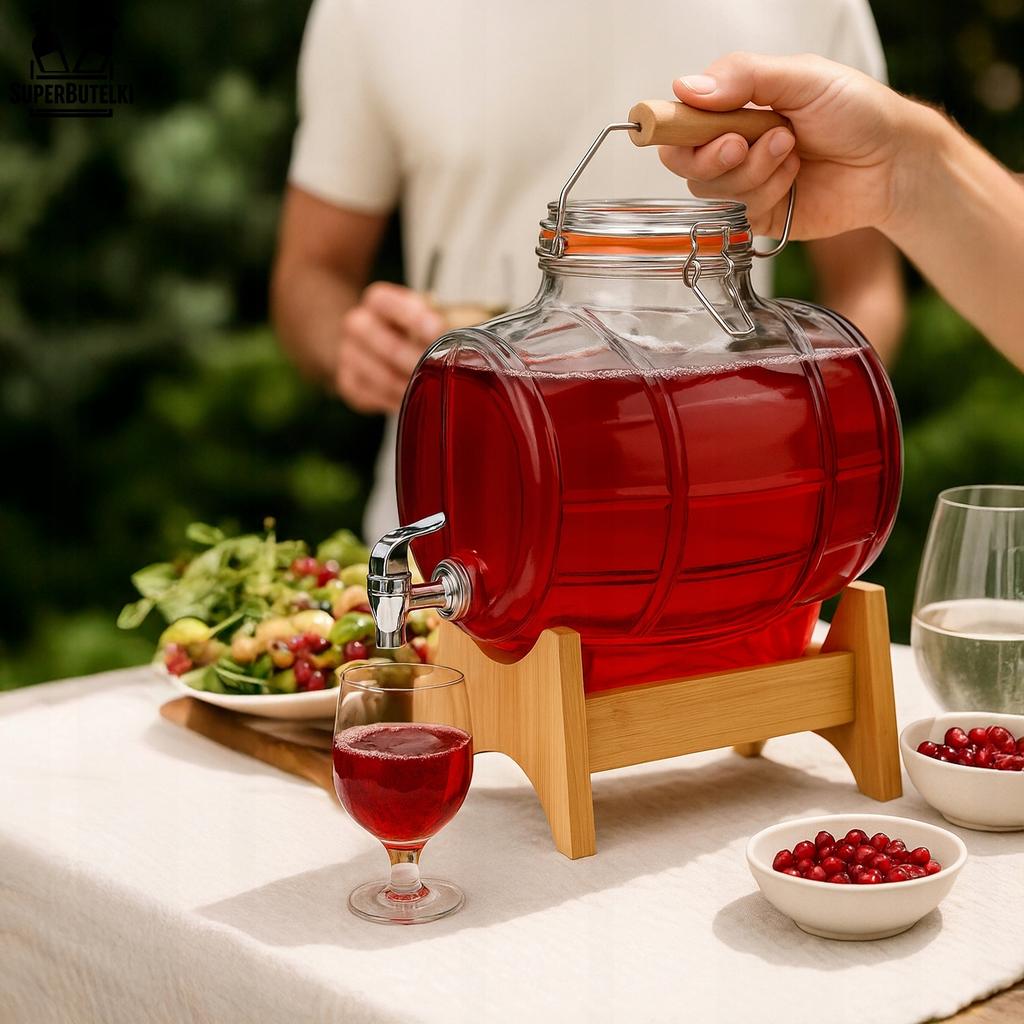 8 L Glass Barrel In a Box with a Tap, Handle and Mechanical Closure On a Wooden Stand