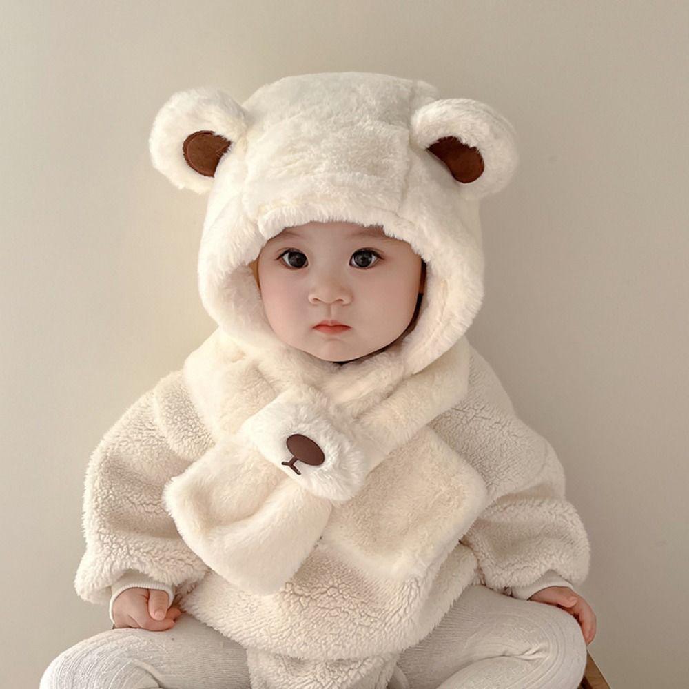 Fashion Design Children Fleece Hat Solid Color Plush Hat with Scarf Outdoor Bear Plush Hat  Boy