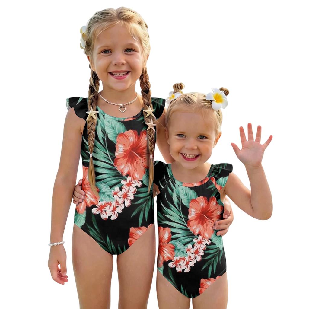 Girls One Piece Swimsuit Hawaiian Print Kids Swimwear Toddler Child Beachwear Sleeveless Ruffle Shoulder Bathing Suit for Summer Pool