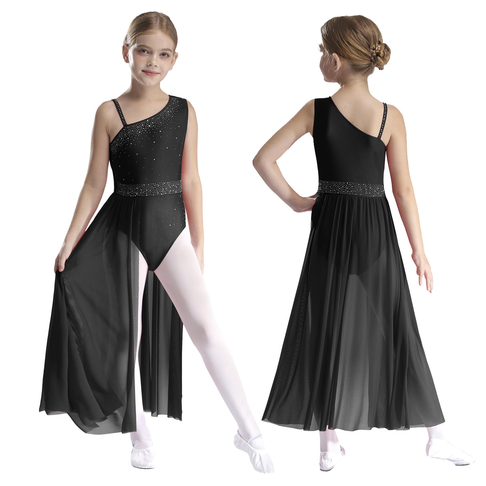 IEFiEL Kinderen Meisjes Ballet Lyrische Dans Jurk Gymnastiek Leotard met Rok Transparante Mesh Kunstschaatsen Moderne Hedendaagse Dans Kostuum 11-12 Years zwart