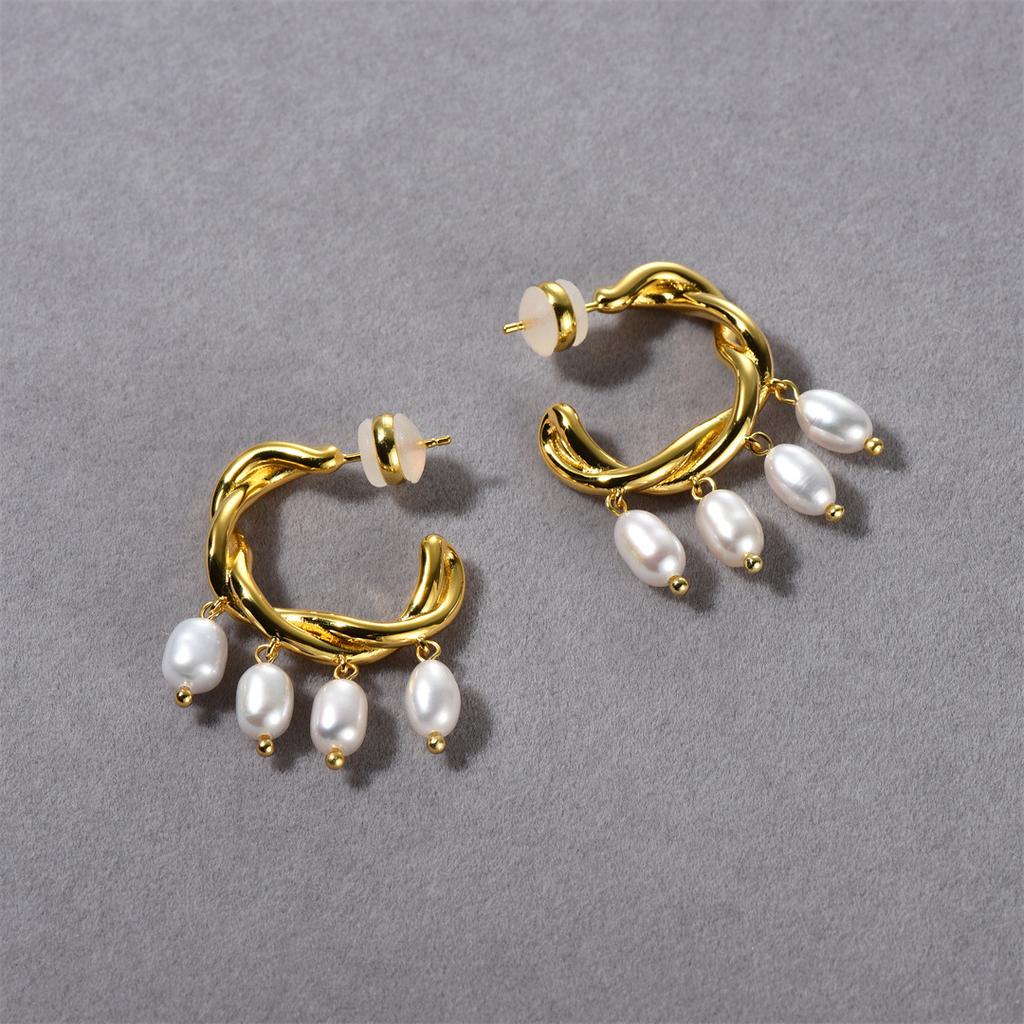 Retro French Earrings Light Luxury Premium Exquisite Baroque Natural Freshwater Pearl Twist Rope Circle Earrings