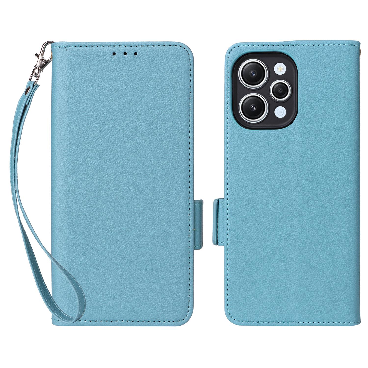 

For Xiaomi Redmi 12 4G/12 5G (Global)/Note 12R 5G/Poco M6 Pro 5G Litchi Texture Stand Phone Case Anti-fall PU Leather Wallet Cover Baby Blue