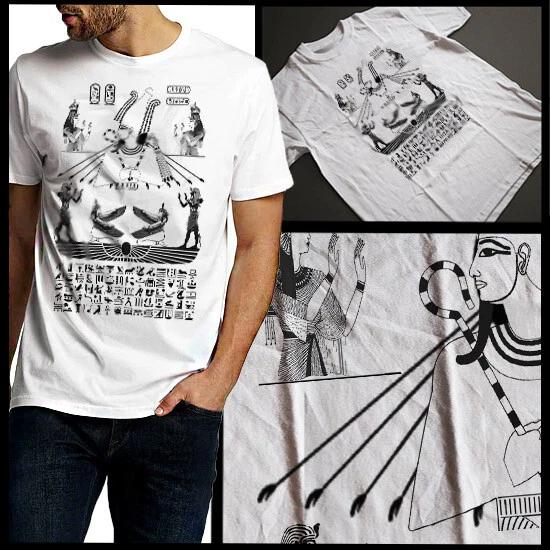 Egyptian Hieroglyphic T-Shirt Egypt Pharaoh With Sunray holding Ankh Cotton Tee S
