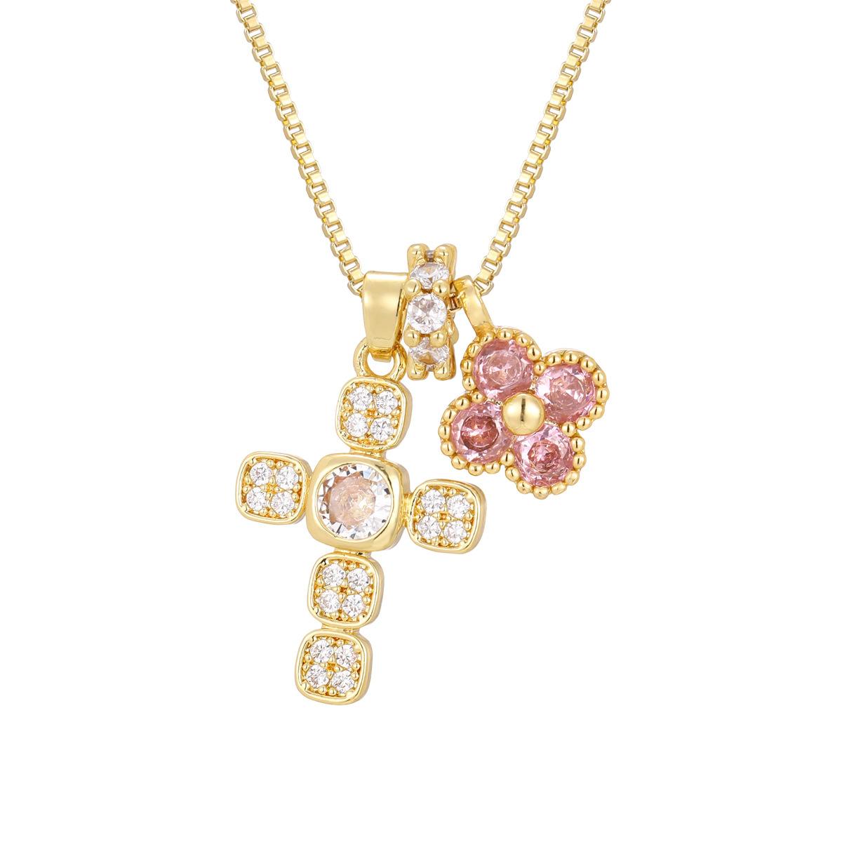 Full diamond cross four-leaf clover flower collarbone chain, pink diamond double pendant, light luxury niche design jewelry
