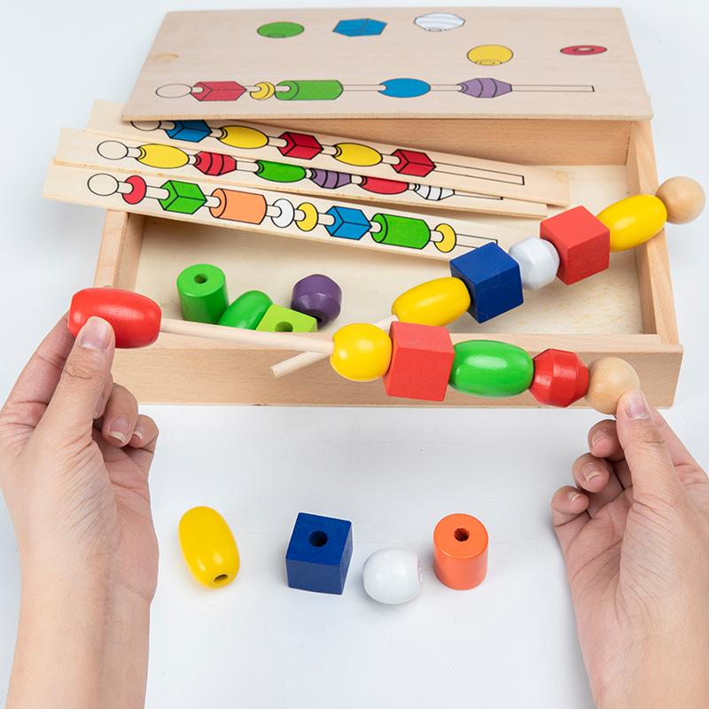 Wooden Threading Toys Montessori Beading Activities for Kids Hand-Eye Coordination Fine Motor Skill Color Shape Matching Game