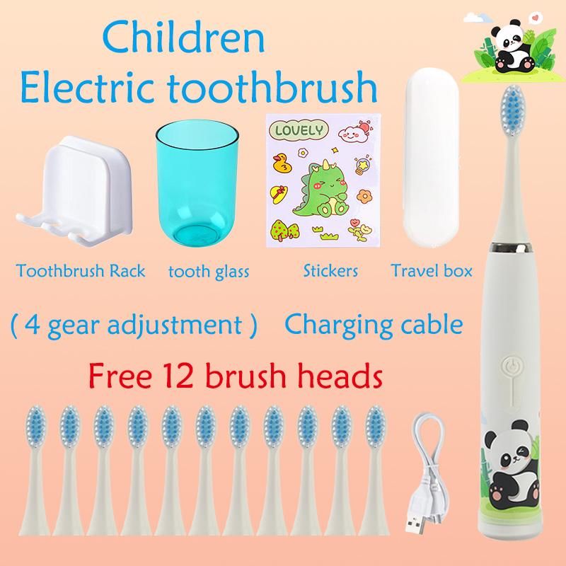 Elektrische Schallzahnbürste für Kinder, wasserdicht, per USB wiederaufladbar, Timer mit Ersatzkopfbecher, Zahnbürstenhalter, Reisebox-Set