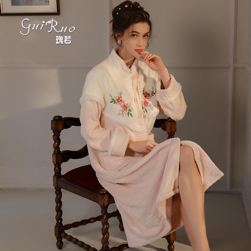 Women's Warm Velvet Stand Collar Frog Button Robe Pajama Set for Fall Winter