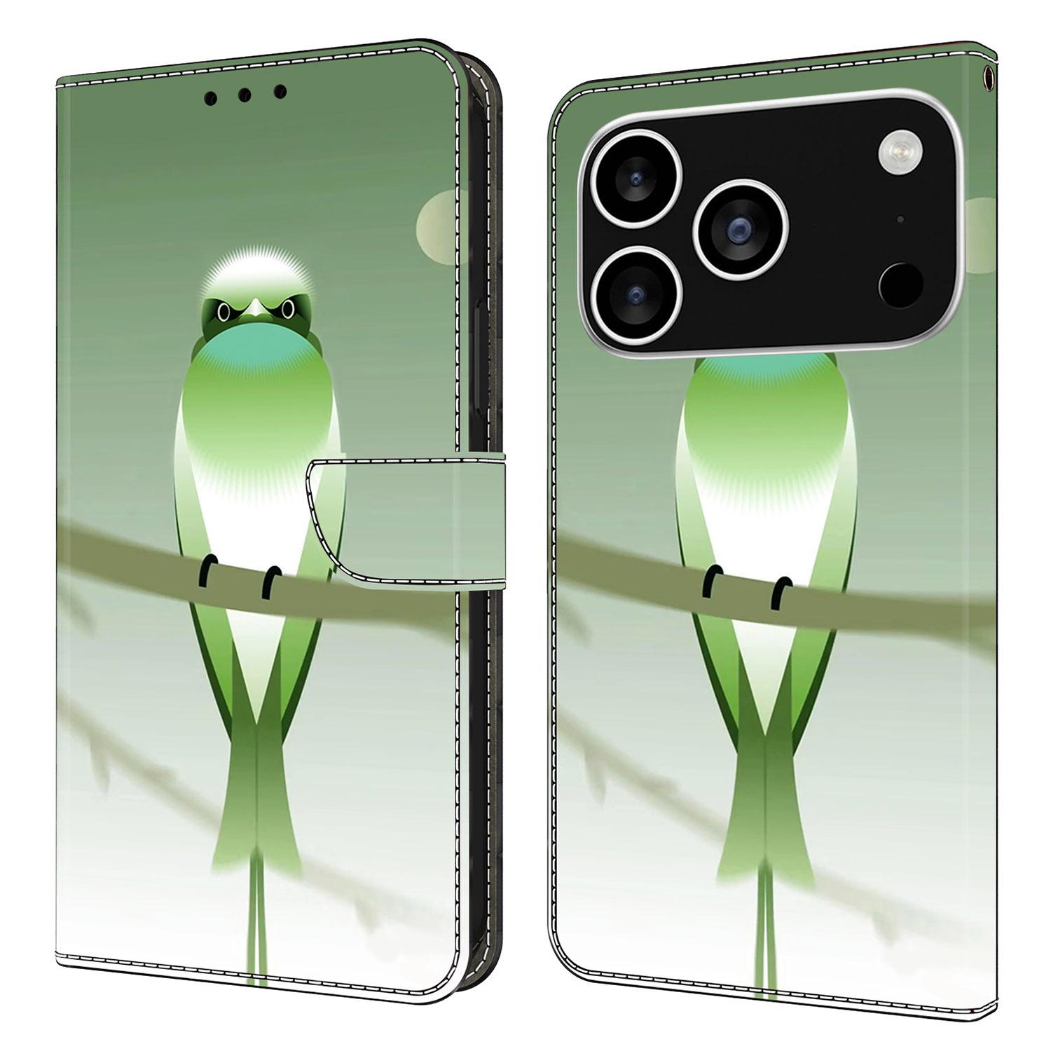 

For iPhone 17 Pro Case PU Leather Wallet Phone Cover with Stand Green Bird